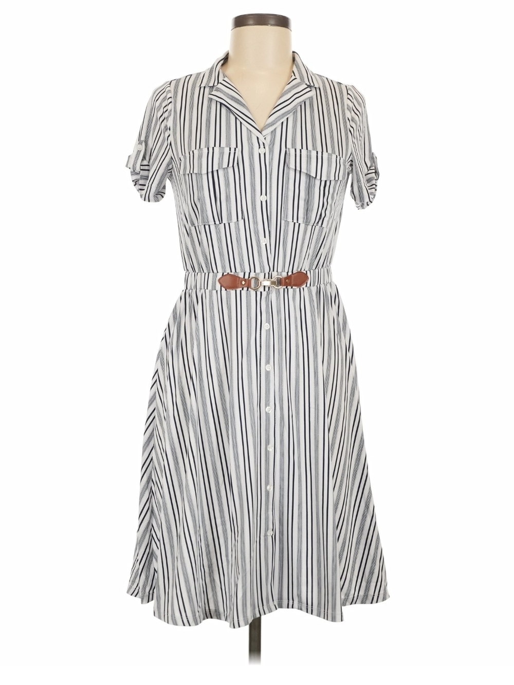 Vertical Stripe Button-Front A- Line Dress in White and Black